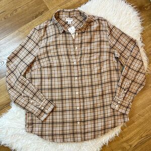 NWT! J.Crew Tan/White/Black Plaid 100% Cotton Flannel Button Down | Size M